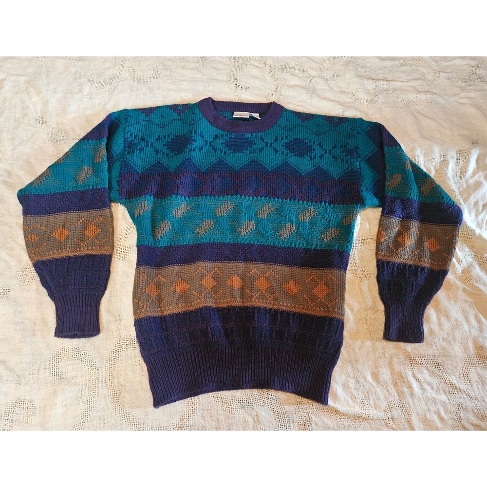 Vintage Ash Creek Trading Mens Medium Geometric Knit Sweater Teal Purple 90s